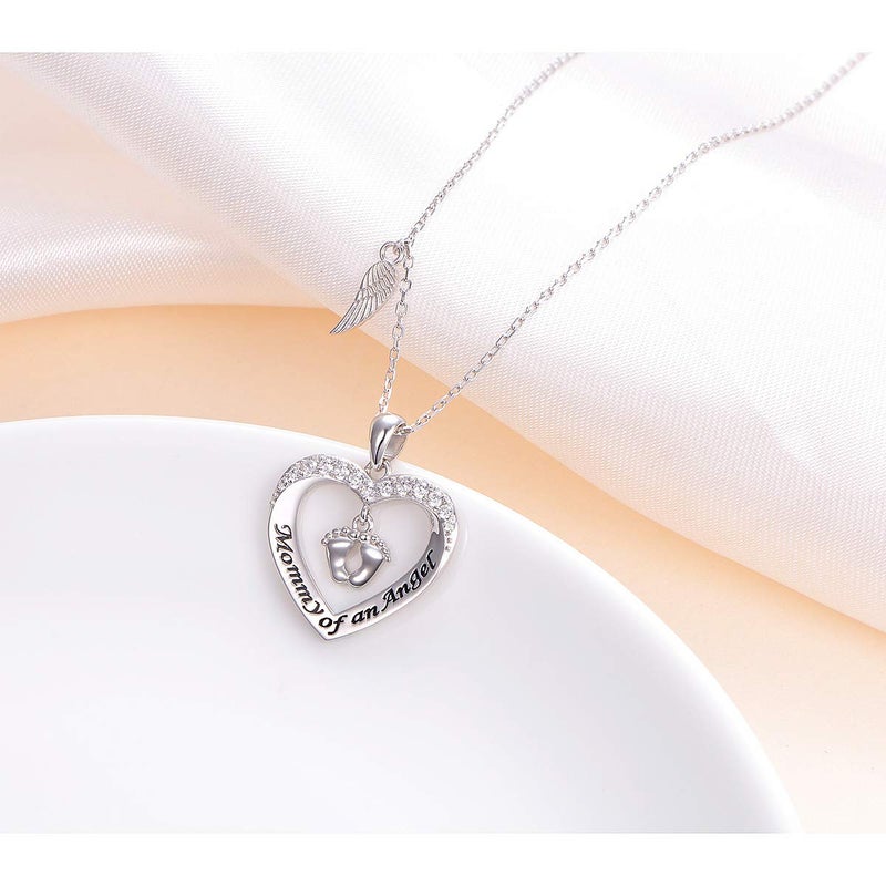 DAOCHONG Mommy of an Angel Necklace Angel Necklace Foot Print Sterling Silver Memorial Jewelry Sympathy Gift for Women Mother Mom Silvery - Image 4
